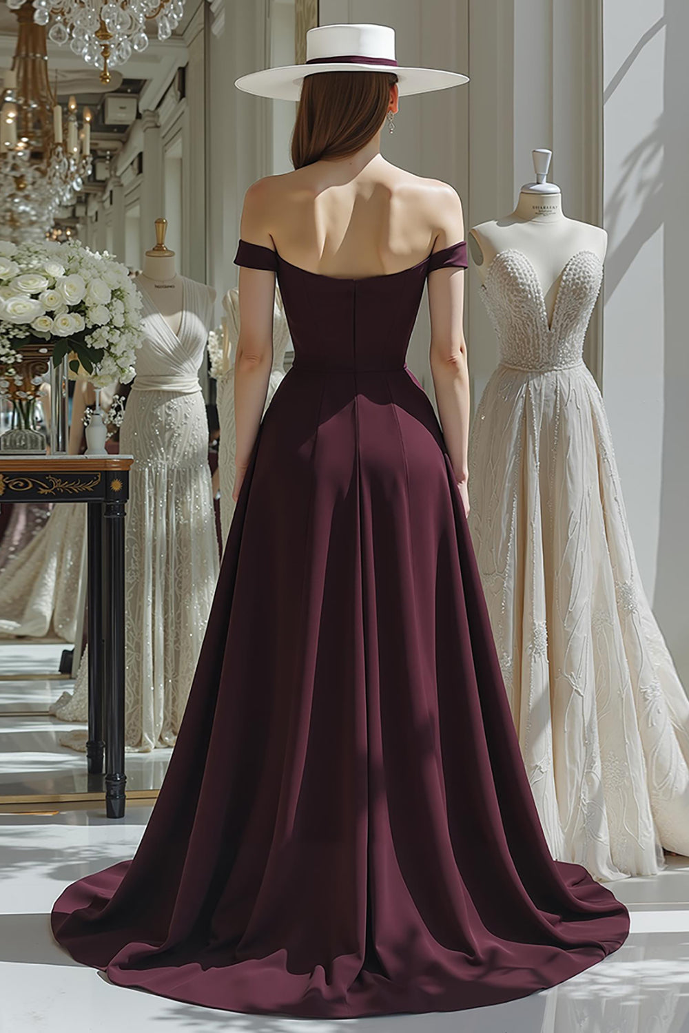 Cabernet Satin A Line Off the Shoulder Long Mother of the Bride Jumpsuits