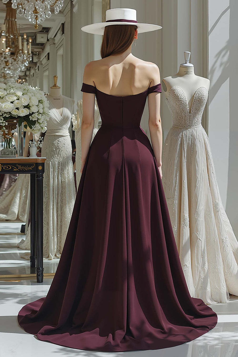 Cabernet Satin A Line Off the Shoulder Long Mother of the Bride Jumpsuits