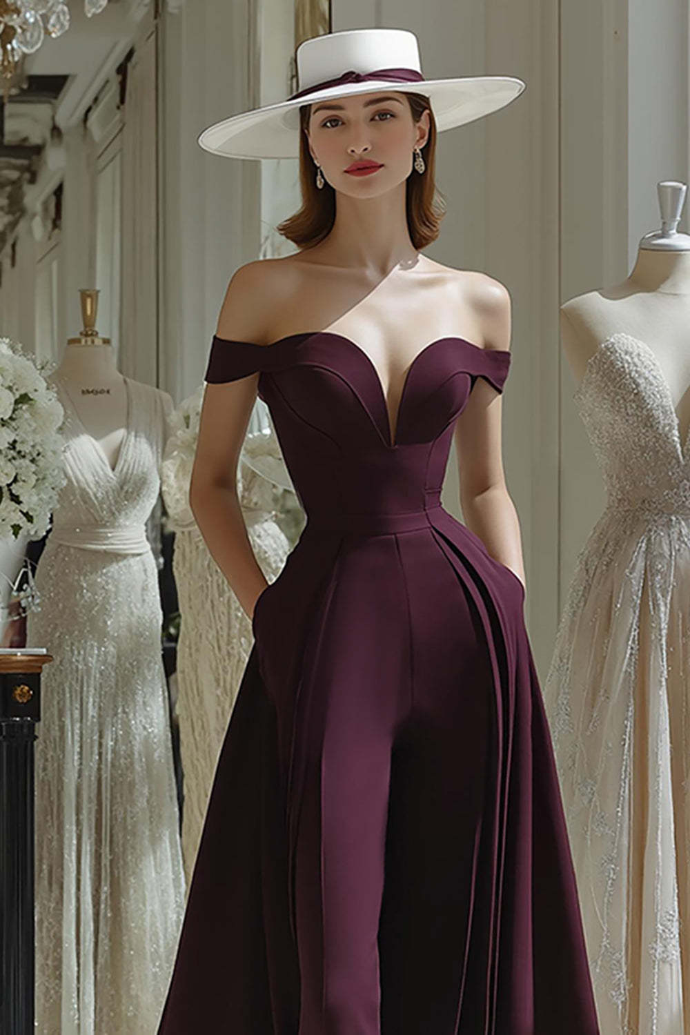 Cabernet Satin A Line Off the Shoulder Long Mother of the Bride Jumpsuits