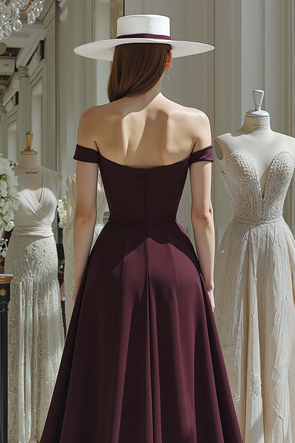 Cabernet Satin A Line Off the Shoulder Long Mother of the Bride Jumpsuits