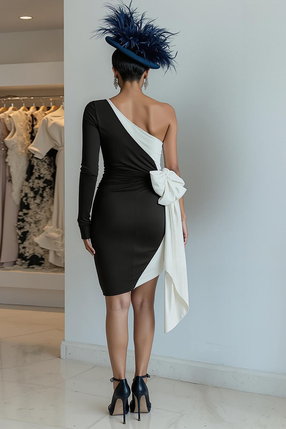 Black and White One Shoulder Ruched Midi Mother of the Bride Dress with Bow
