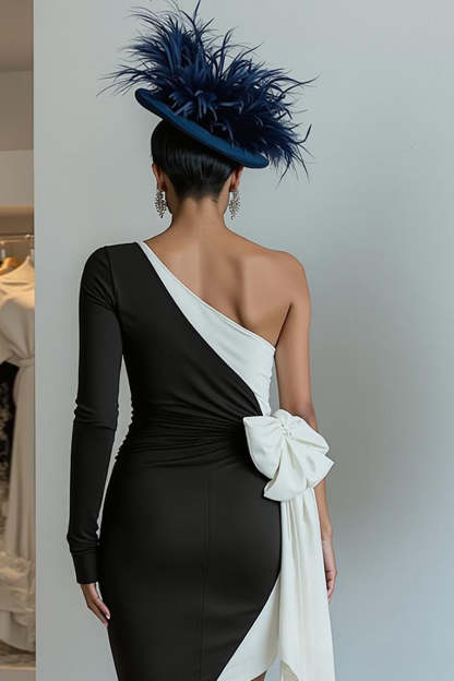 Black and White One Shoulder Ruched Midi Mother of the Bride Dress with Bow