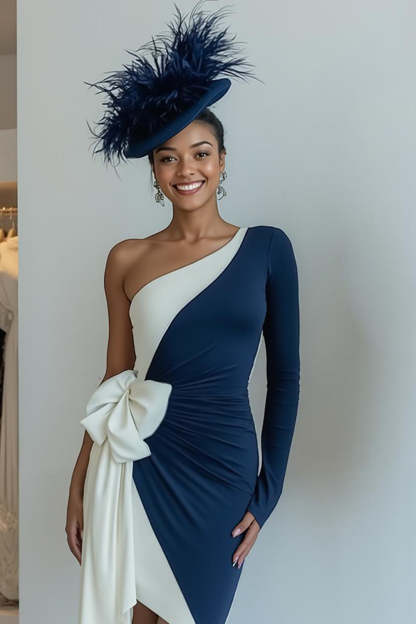 Black and White One Shoulder Ruched Midi Mother of the Bride Dress with Bow