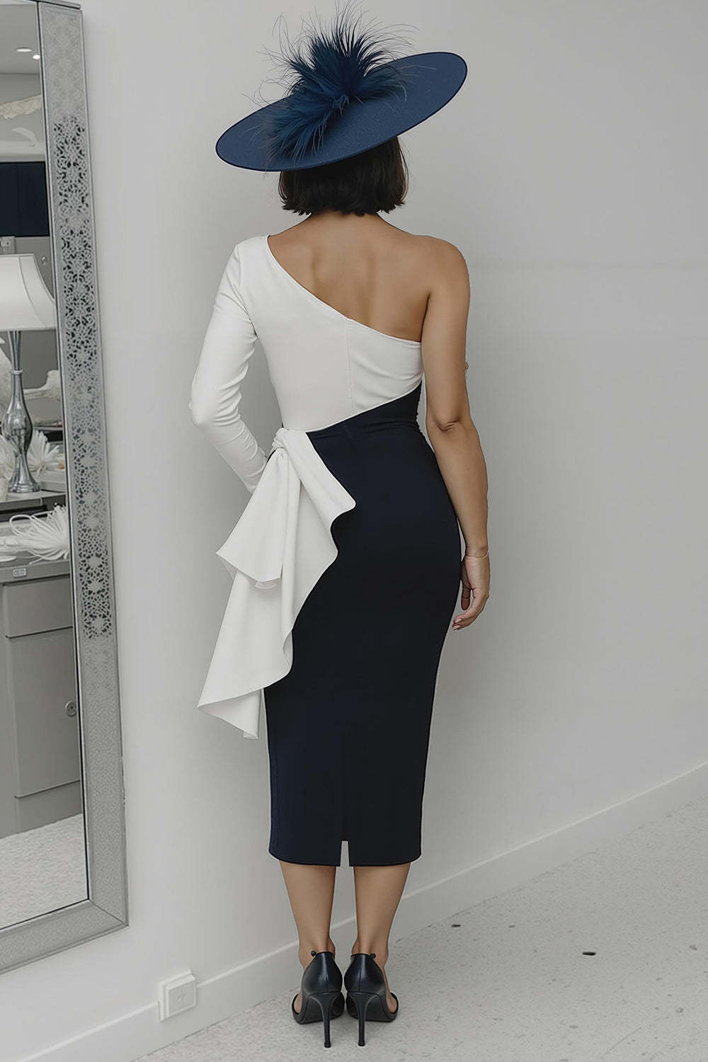 Black and White Sheath One Shoulder Midi Mother of the Bride Dress with Ruffles