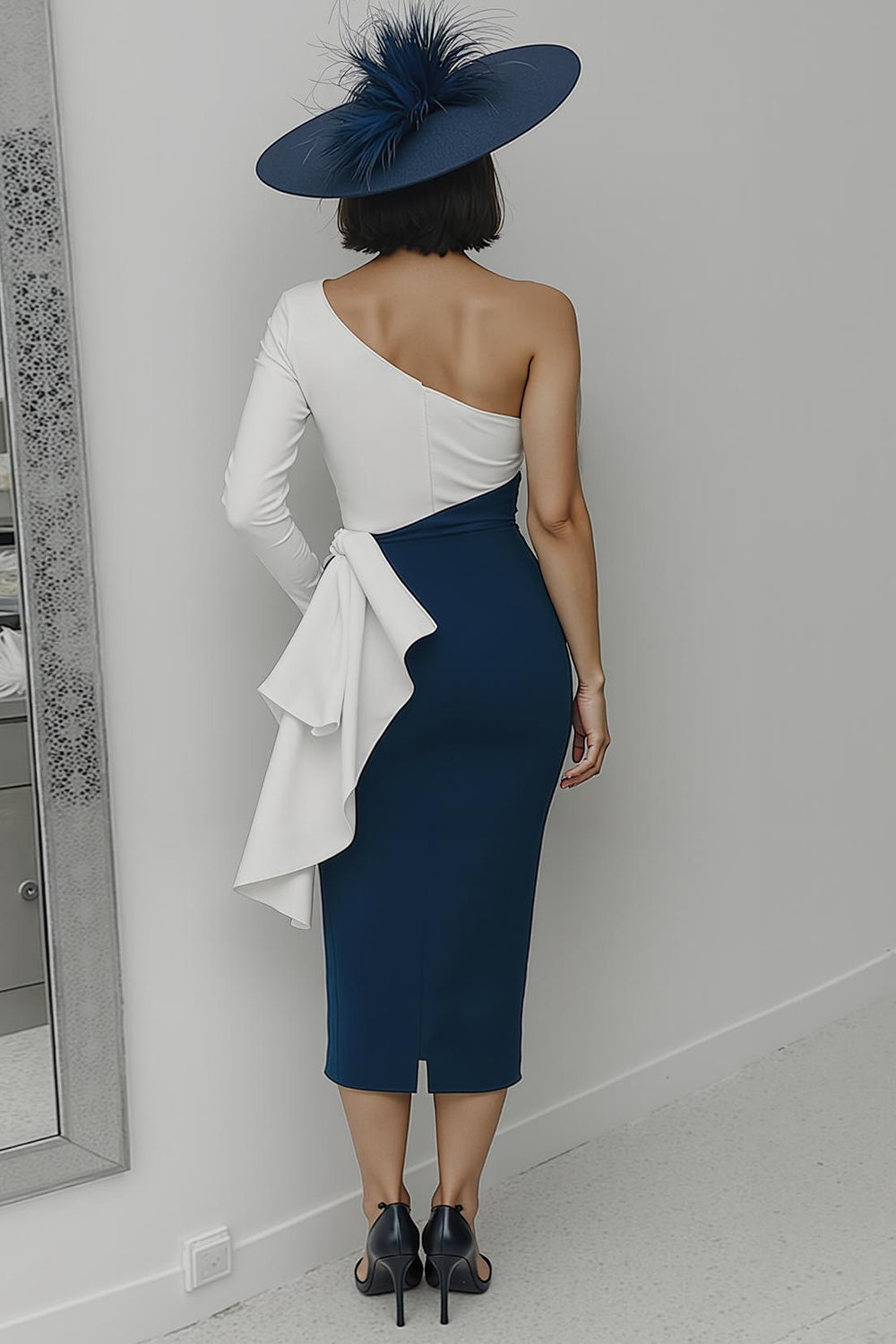Black and White Sheath One Shoulder Midi Mother of the Bride Dress with Ruffles
