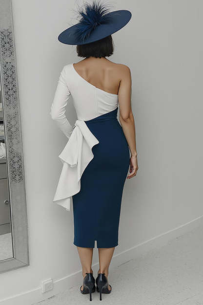 Black and White Sheath One Shoulder Midi Mother of the Bride Dress with Ruffles