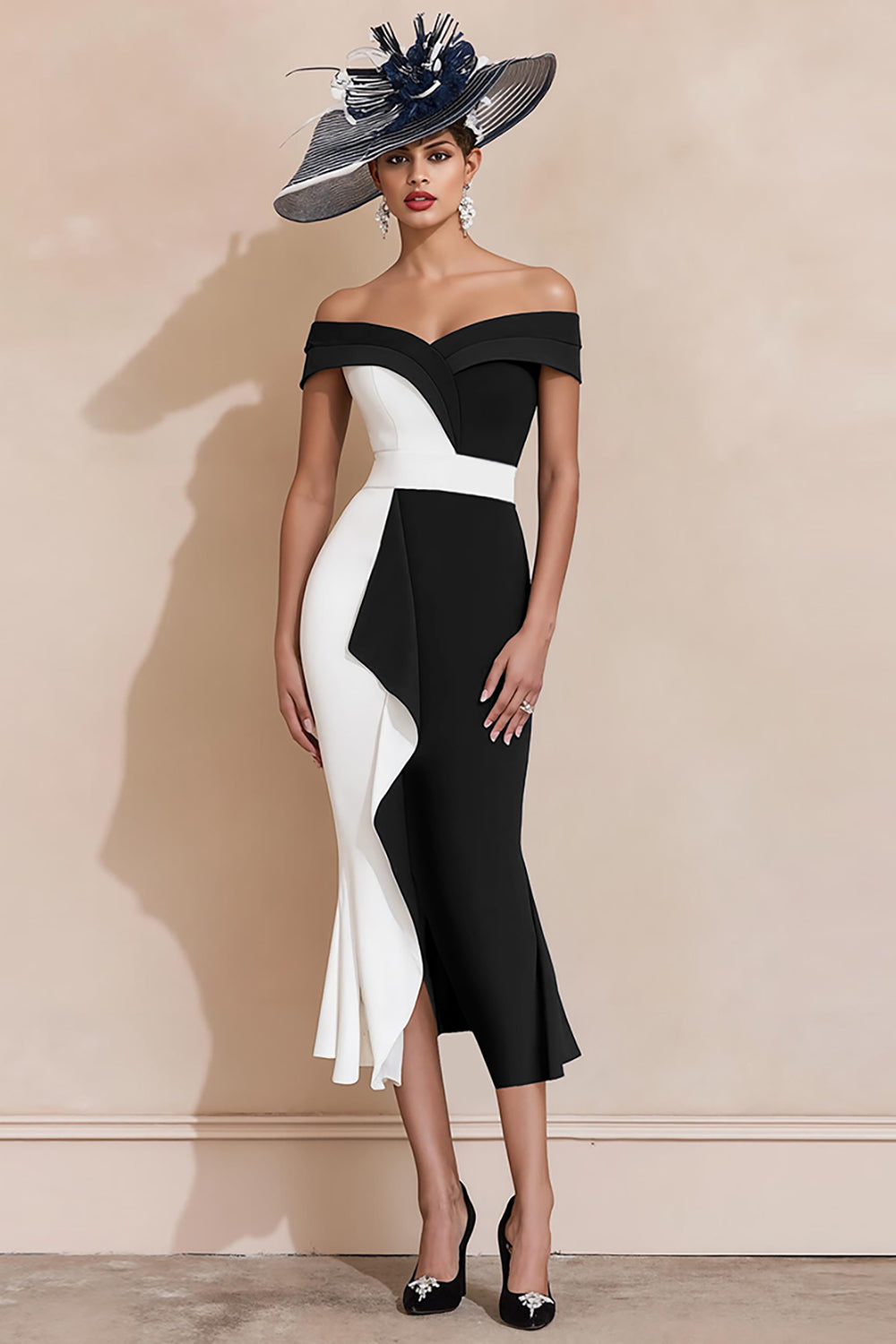 Black and White Ruffled Mermaid Off the Shoulder Long Mother of the Bride Dress
