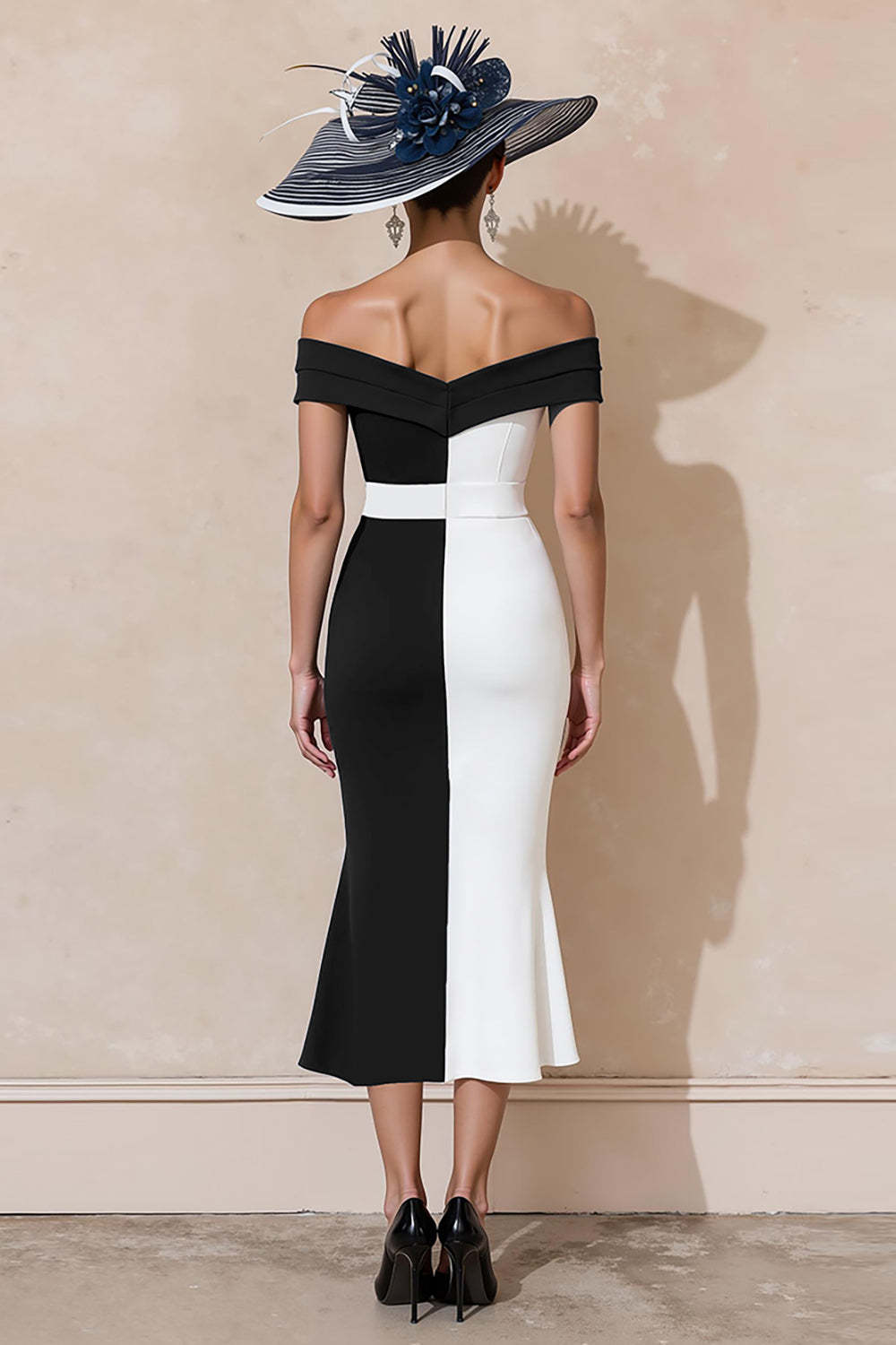 Black and White Ruffled Mermaid Off the Shoulder Long Mother of the Bride Dress