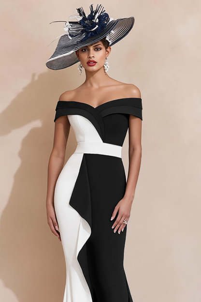 Black and White Ruffled Mermaid Off the Shoulder Long Mother of the Bride Dress