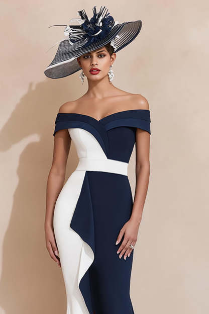 Black and White Ruffled Mermaid Off the Shoulder Long Mother of the Bride Dress