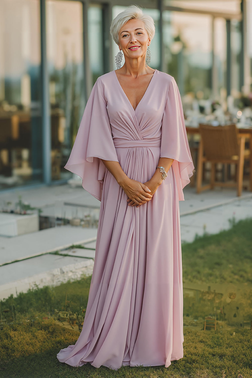 Dusty Rose V-Neck Flowy Maxi Mother of the Bride Dress with Sleeves