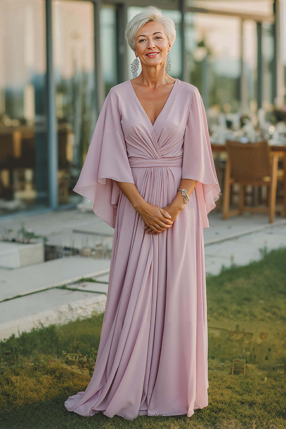 Leely Women Dusty Rose Flowy Chiffon Maxi Mother of the Bride Dress Sheath V-Neck Wedding Guest Dress