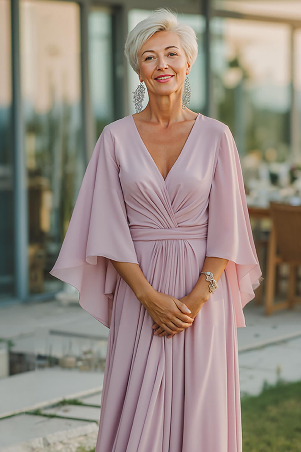 Dusty Rose V-Neck Flowy Maxi Mother of the Bride Dress with Sleeves