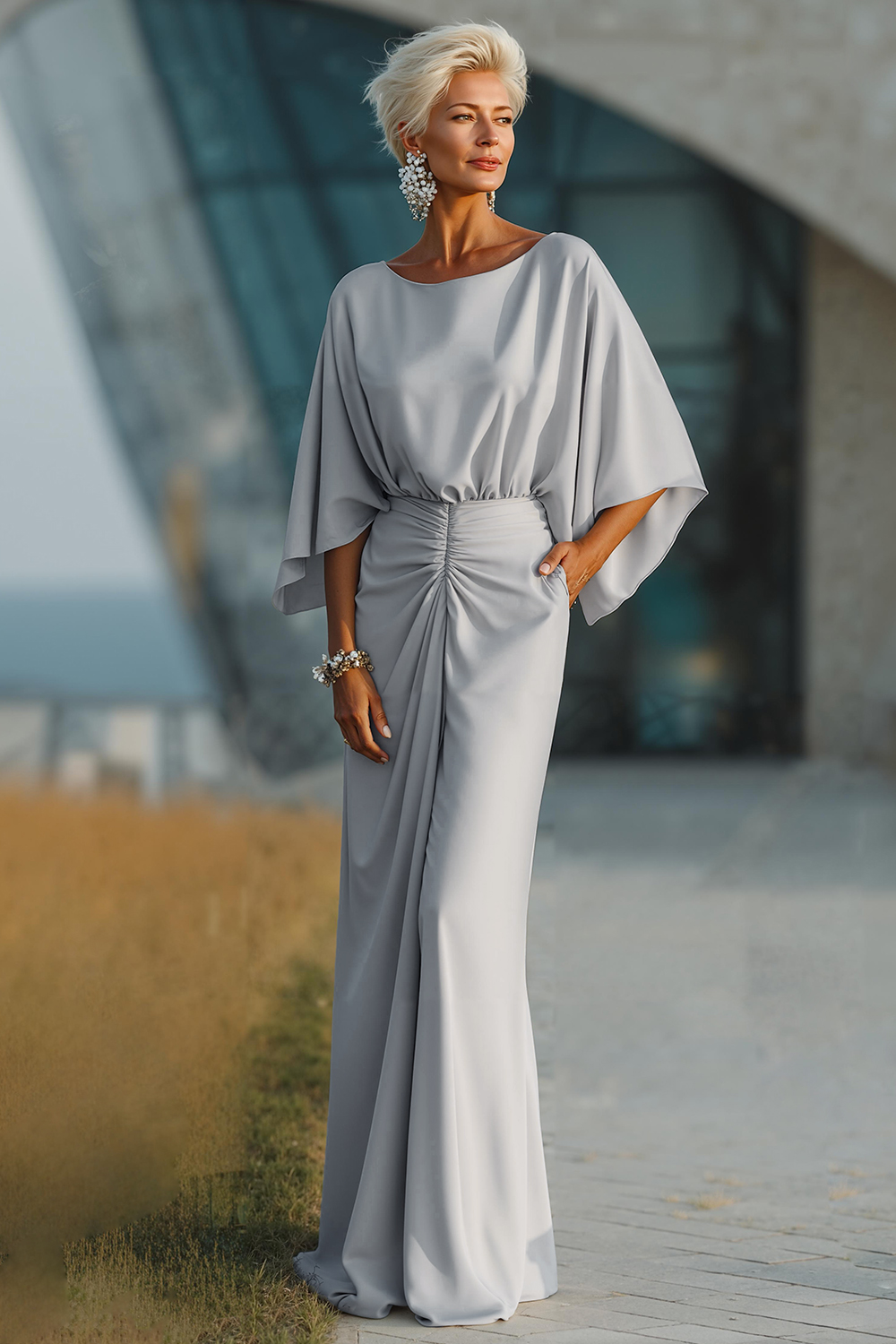 Silver Sheath Ruched Boat Neck Long Mother of the Bride Dress with Pocket