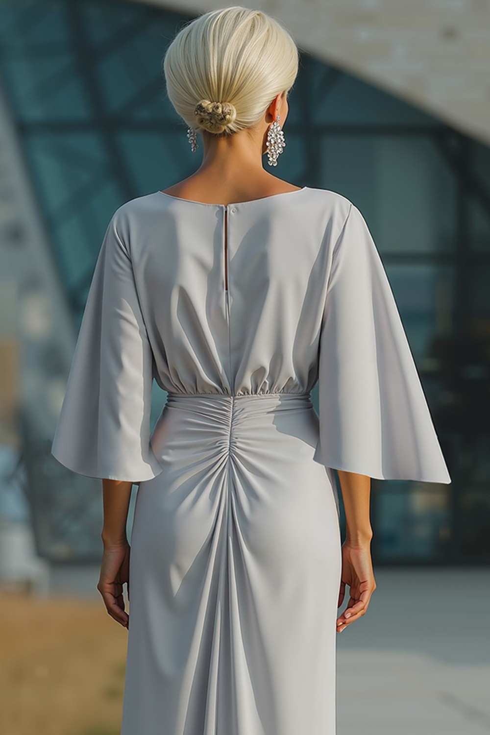 Silver Sheath Ruched Boat Neck Long Mother of the Bride Dress with Pocket