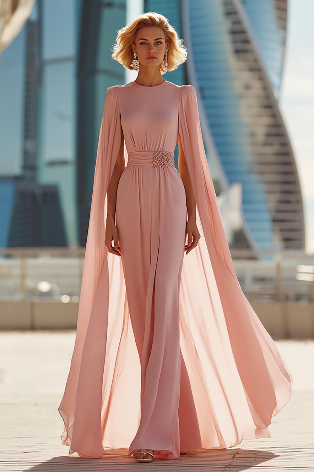 Leely Women Sparkly Blush Pink Sheath Maxi Mother of the Bride Dress with Cape Sheath Round Neck Wedding Guest Dress with Beading