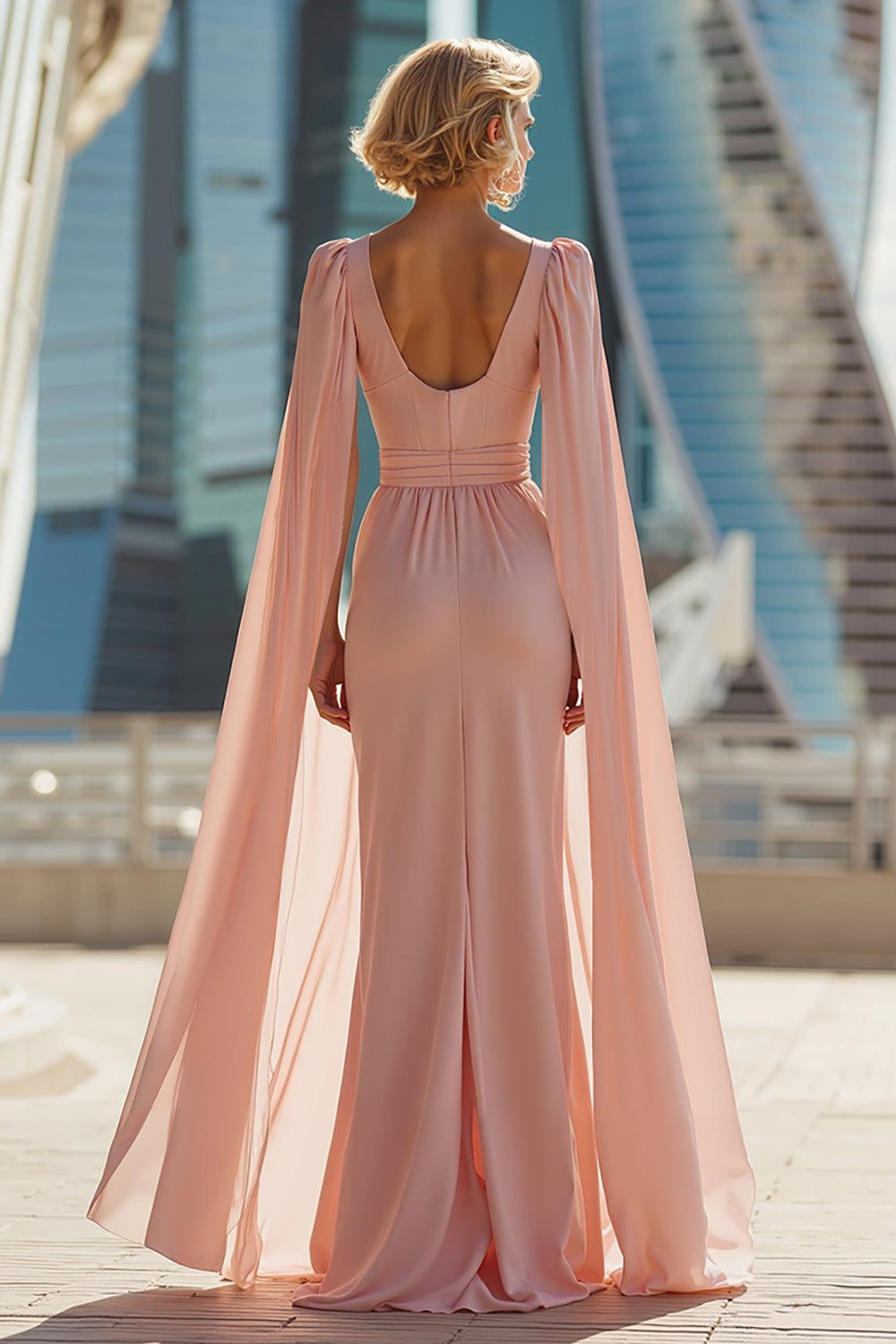 Sparkly Blush Pink Round Neck Maxi Mother of the Bride Dress with Cape