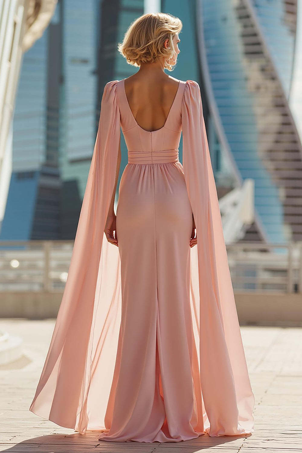 Sparkly Blush Pink Round Neck Maxi Mother of the Bride Dress with Cape