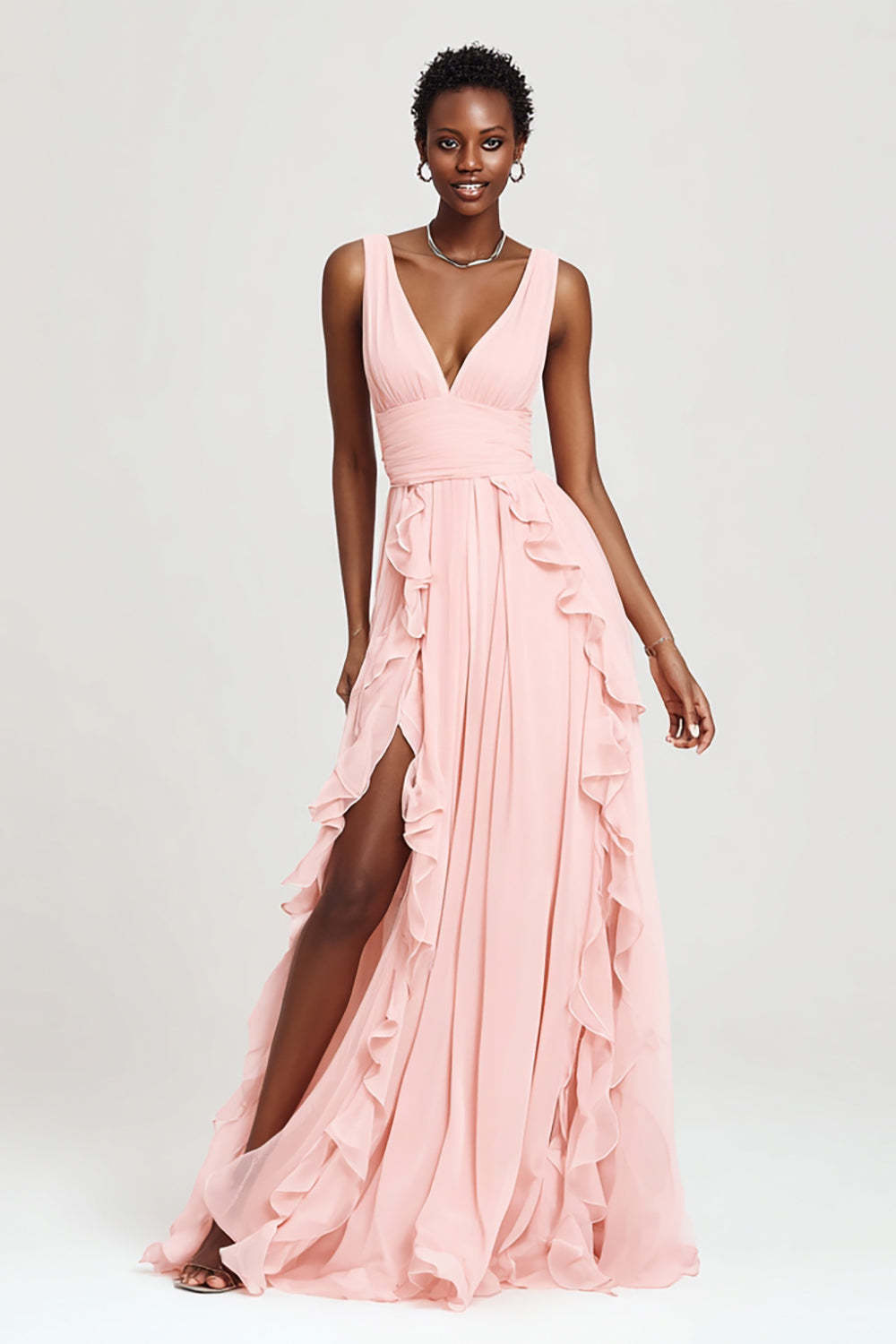 Leely Women Pink Chiffon A-Line Long Formal Dress with Ruffles V-Neck Wedding Guest Dress with Slit