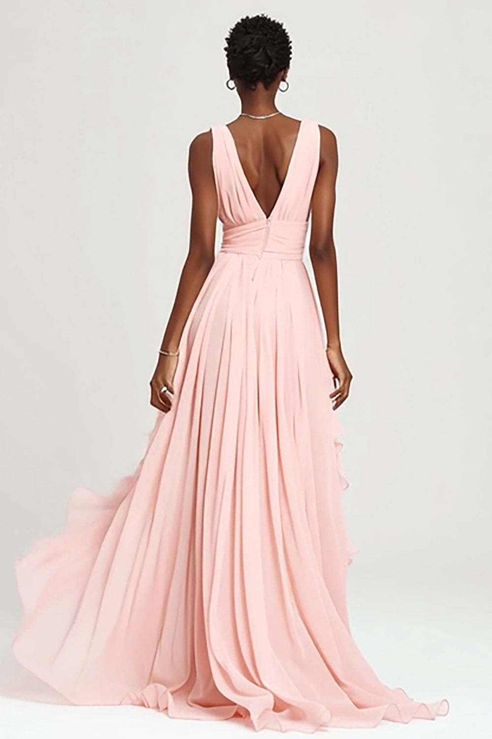 Pink V-Neck Chiffon A-Line Maxi Formal Dress with Ruffles
