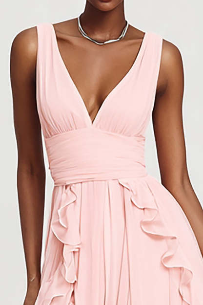 Pink V-Neck Chiffon A-Line Maxi Formal Dress with Ruffles