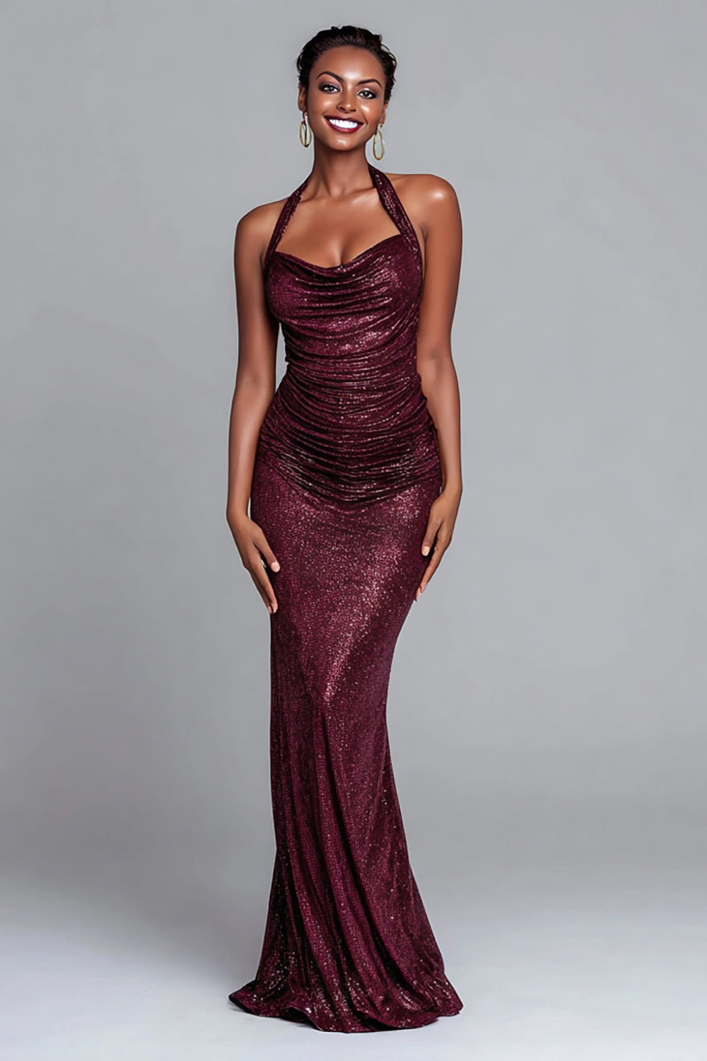 Sparkly Burgundy Halter Mermaid Long Holiday Party Dress