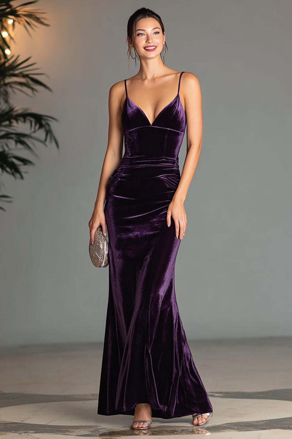 Leely Women Purple Velvet Mermaid Long Holiday Party Dress Spaghetti Straps Formal Dress