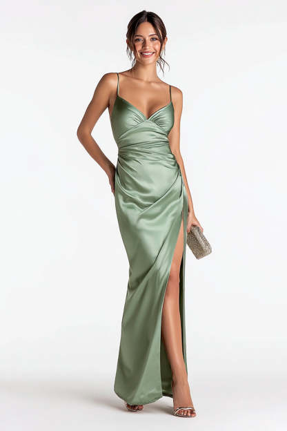 Leely Women Sage Green Long Satin Formal Dress with Slit Mermaid Spaghetti Straps Evening Dress