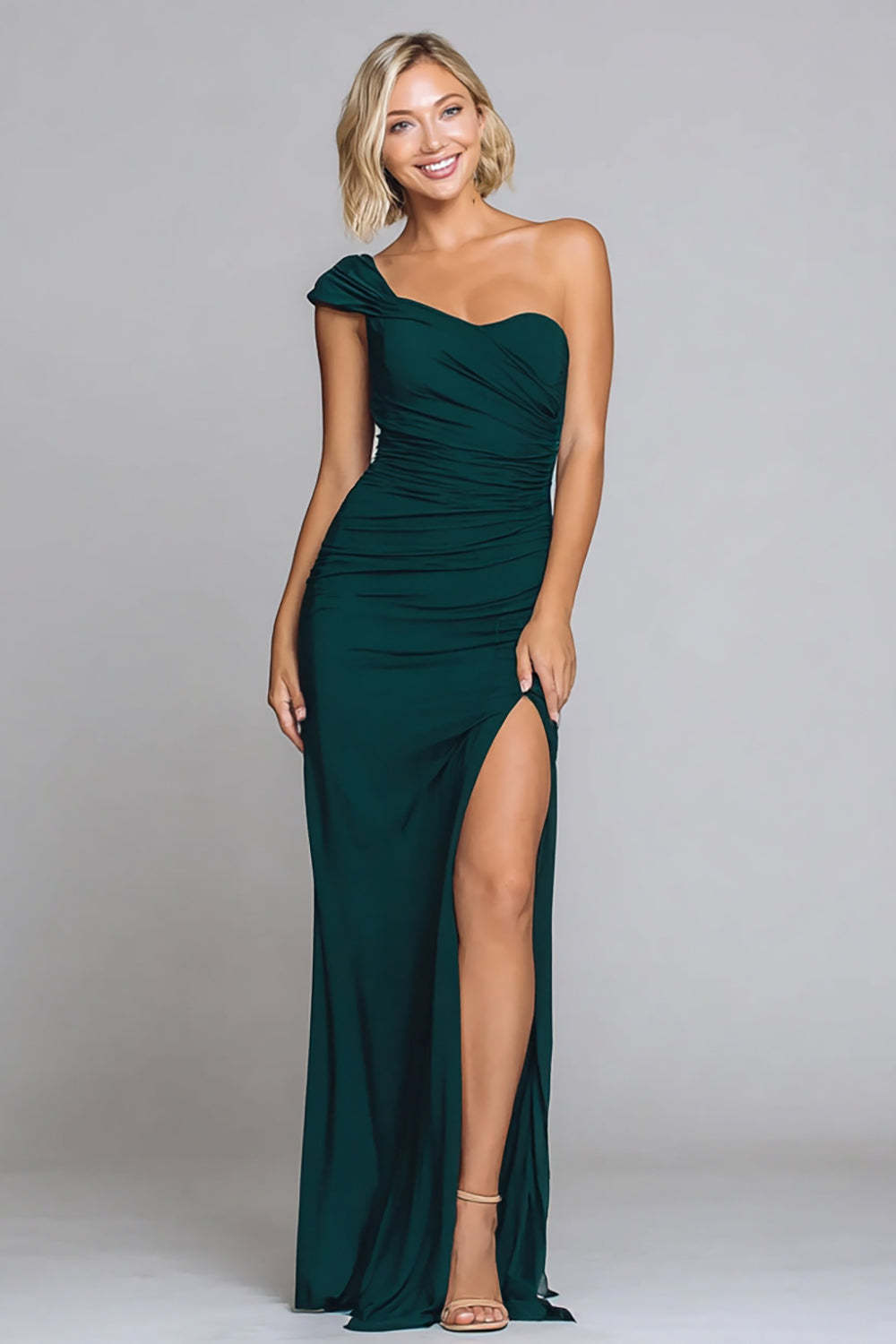 Leely Women Dark Green Maxi Formal Dress with Slit Mermaid One Shoulder Holiday Party Dress