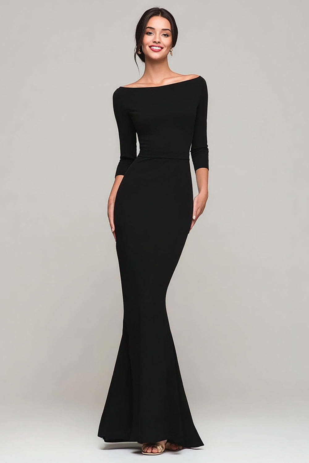 Leely Women Simple Black Mermaid Long Formal Dress with Sleeves Boat Neck Black Tie Dress