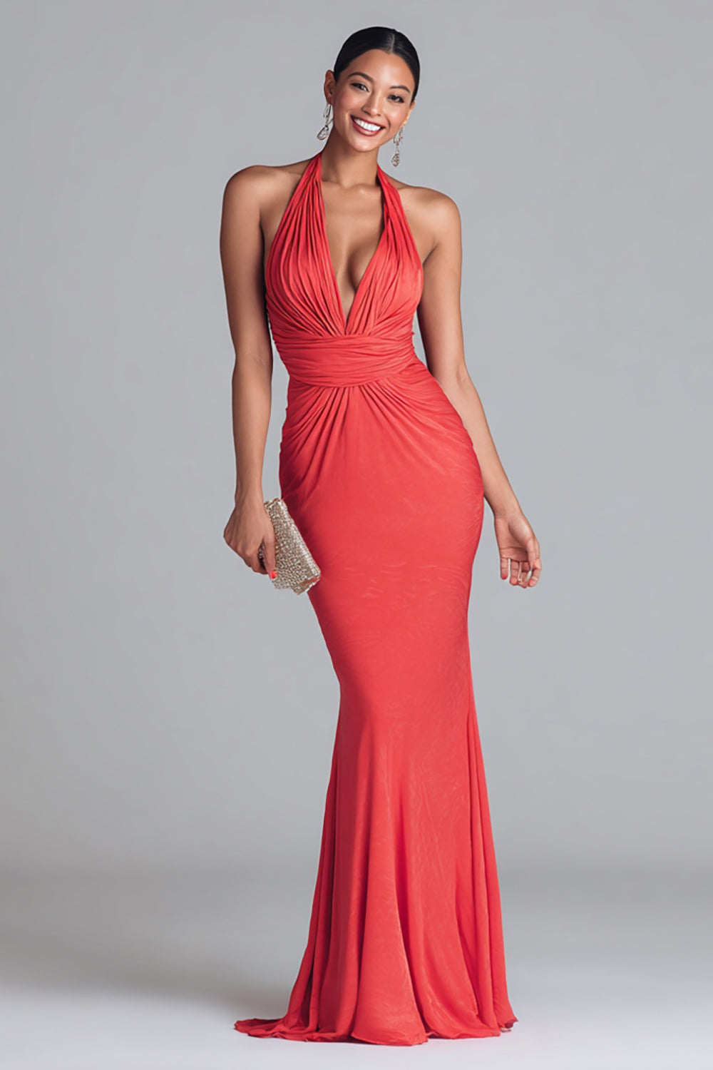 Leely Women Watermelon Red Mermaid Maxi Formal Dress Ruched Halter Evening Dress