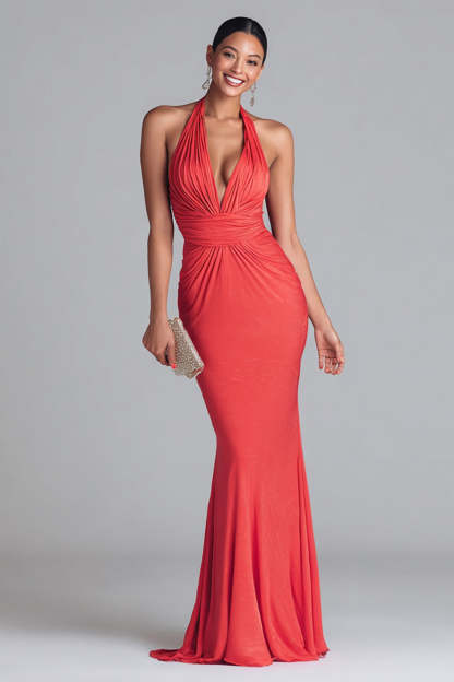 Leely Women Watermelon Red Mermaid Maxi Formal Dress Ruched Halter Evening Dress