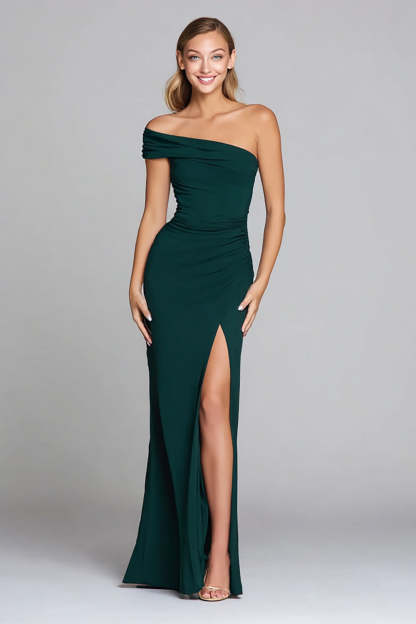 Leely Women Dark Green Mermaid Long Formal Dress with Slit Ruched One Shoulder Holiday Party Dress