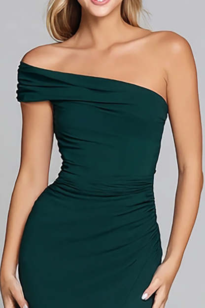 Dark Green Mermaid One Shoulder Long Formal Dress with Slit