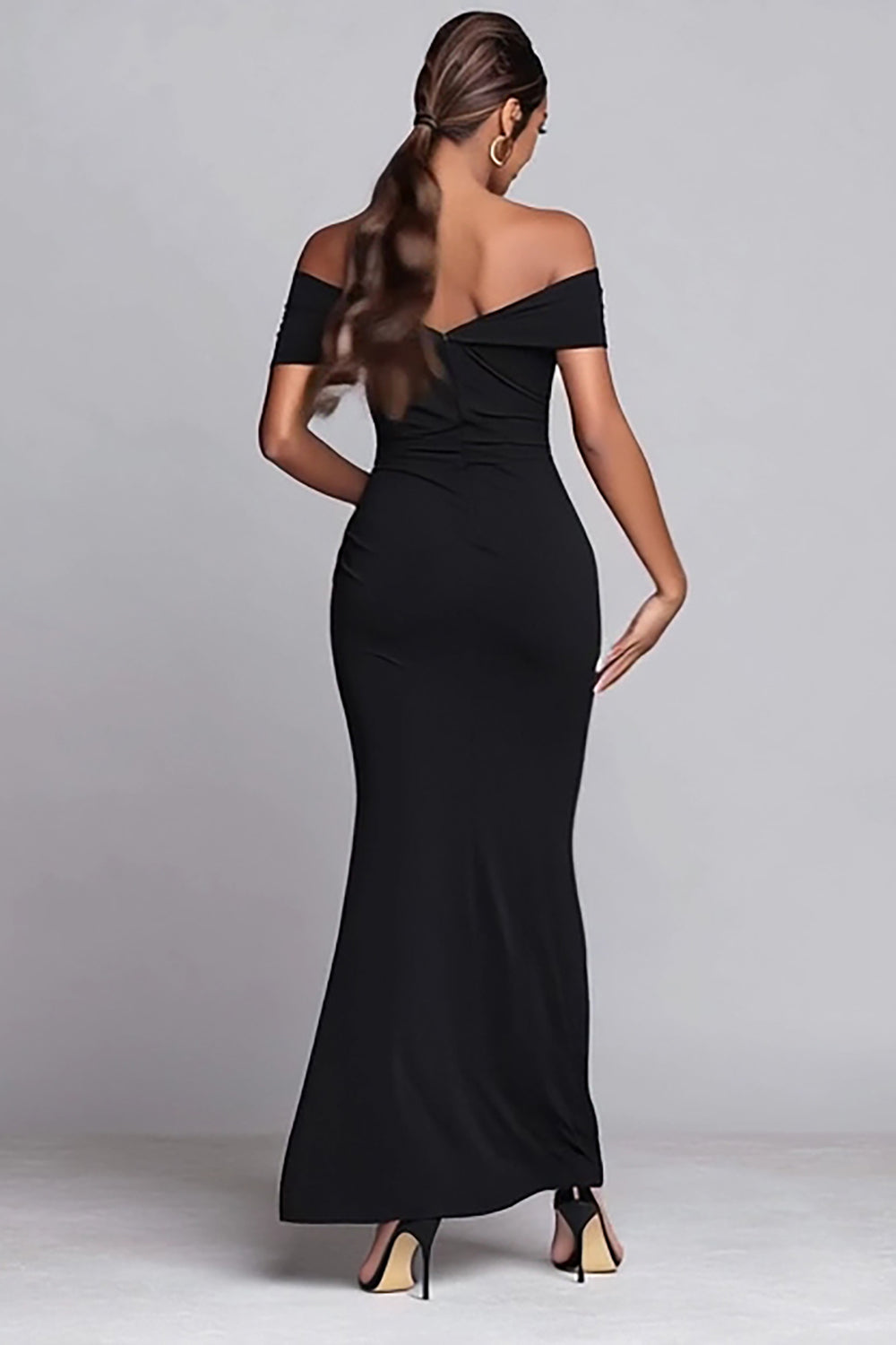 Black Ruched Off the Shoulder Mermaid Long Formal Dress with Slit