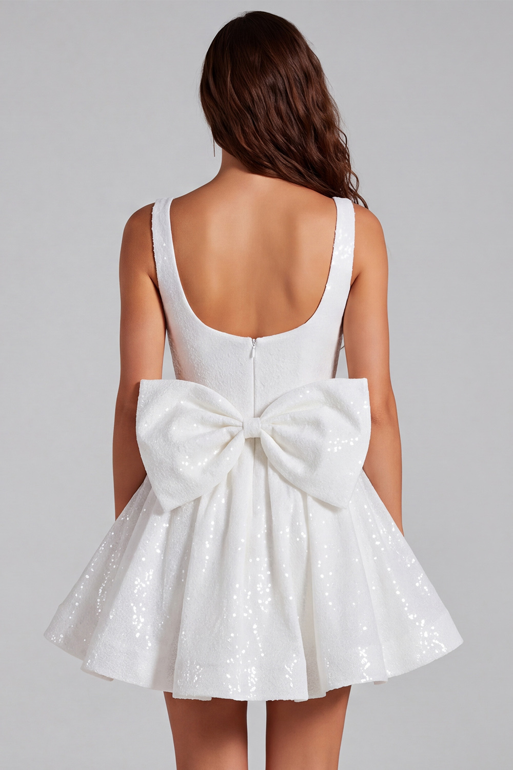Sparkly Ivory A Line Square Neck Sequin Little White Dress with Bow