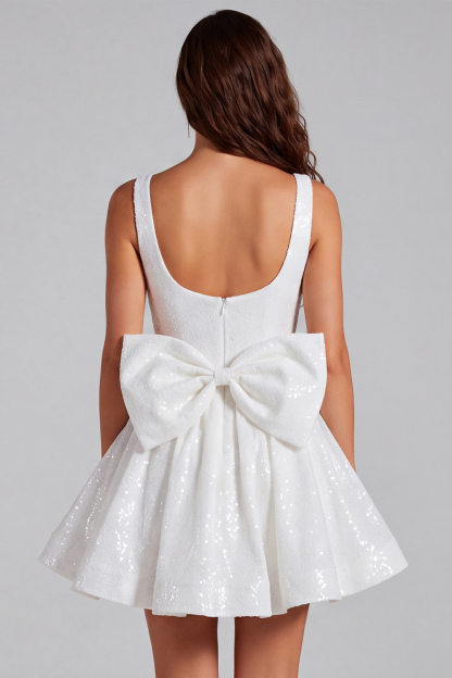 Sparkly Ivory A Line Square Neck Sequin Little White Dress with Bow