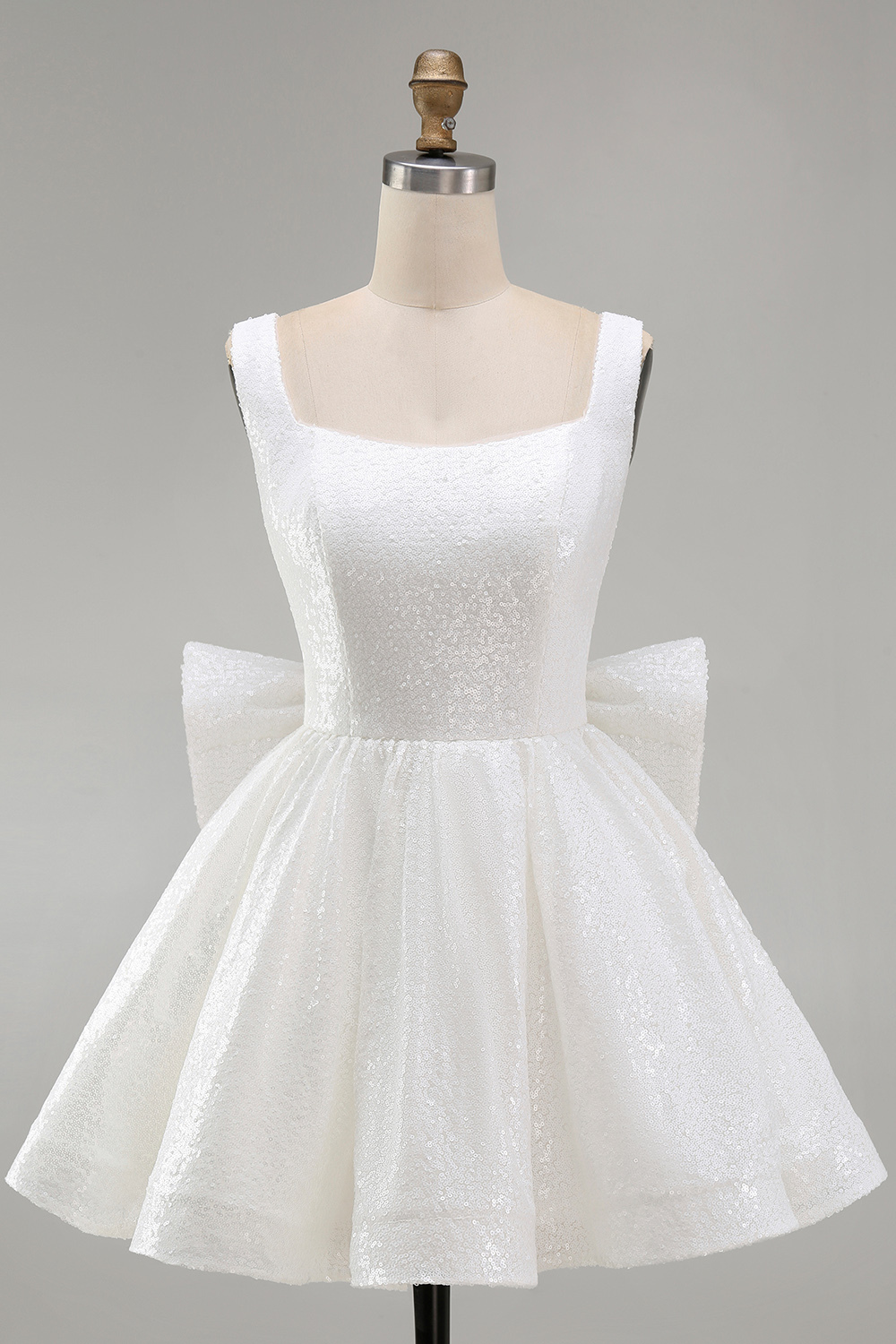 Sparkly Ivory A Line Square Neck Sequin Little White Dress with Bow