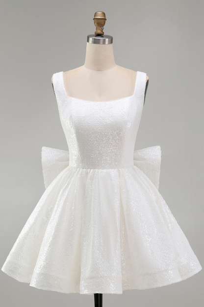Sparkly Ivory A Line Square Neck Sequin Little White Dress with Bow