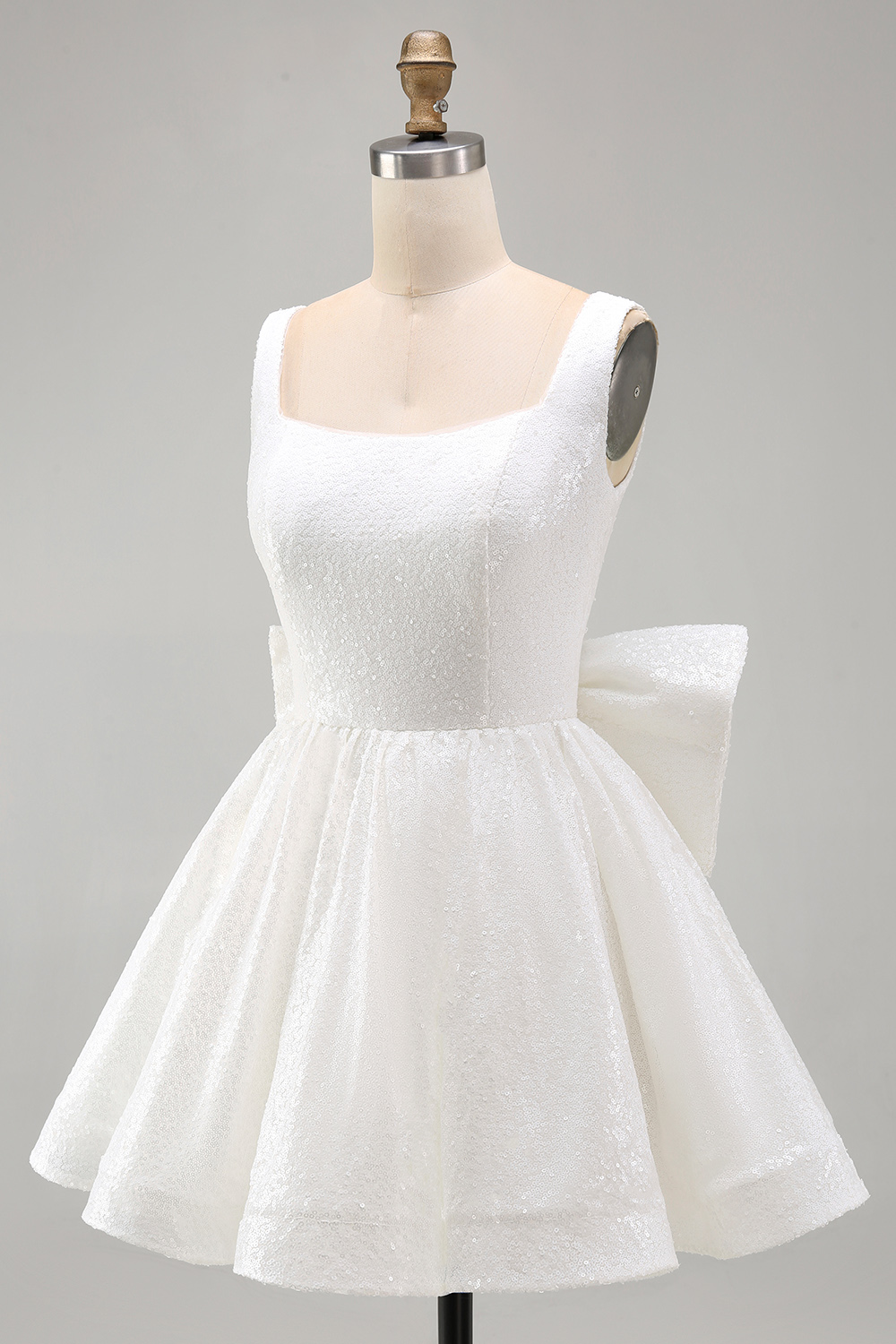 Sparkly Ivory A Line Square Neck Sequin Little White Dress with Bow