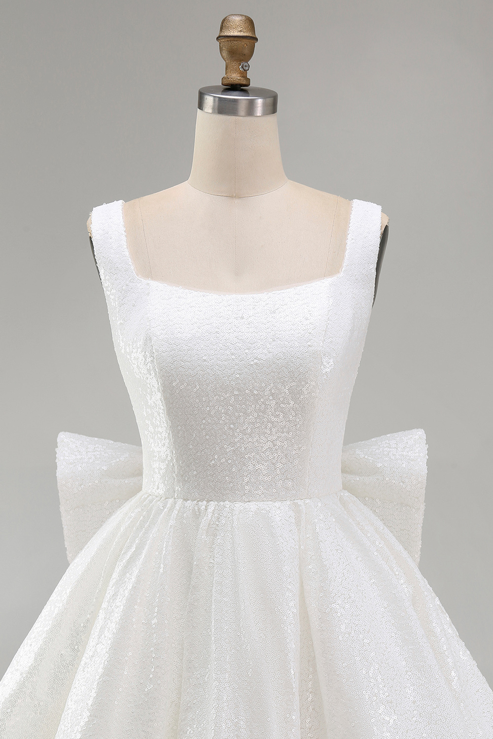 Sparkly Ivory A Line Square Neck Sequin Little White Dress with Bow