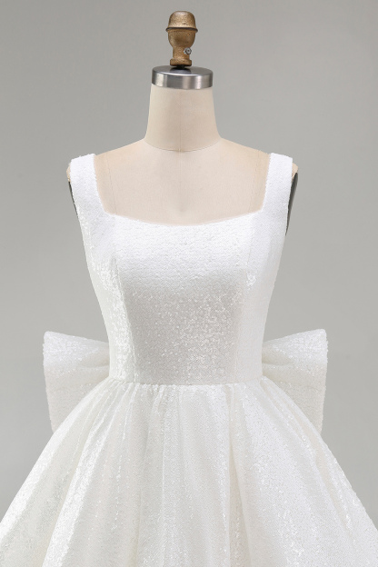 Sparkly Ivory A Line Square Neck Sequin Little White Dress with Bow