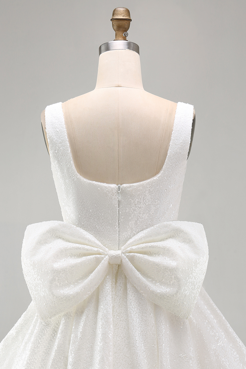 Sparkly Ivory A Line Square Neck Sequin Little White Dress with Bow