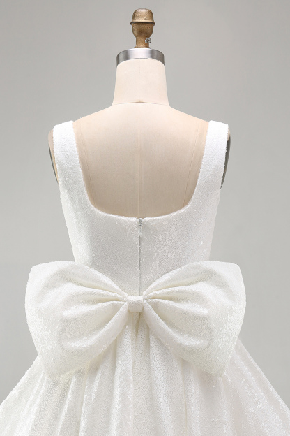 Sparkly Ivory A Line Square Neck Sequin Little White Dress with Bow