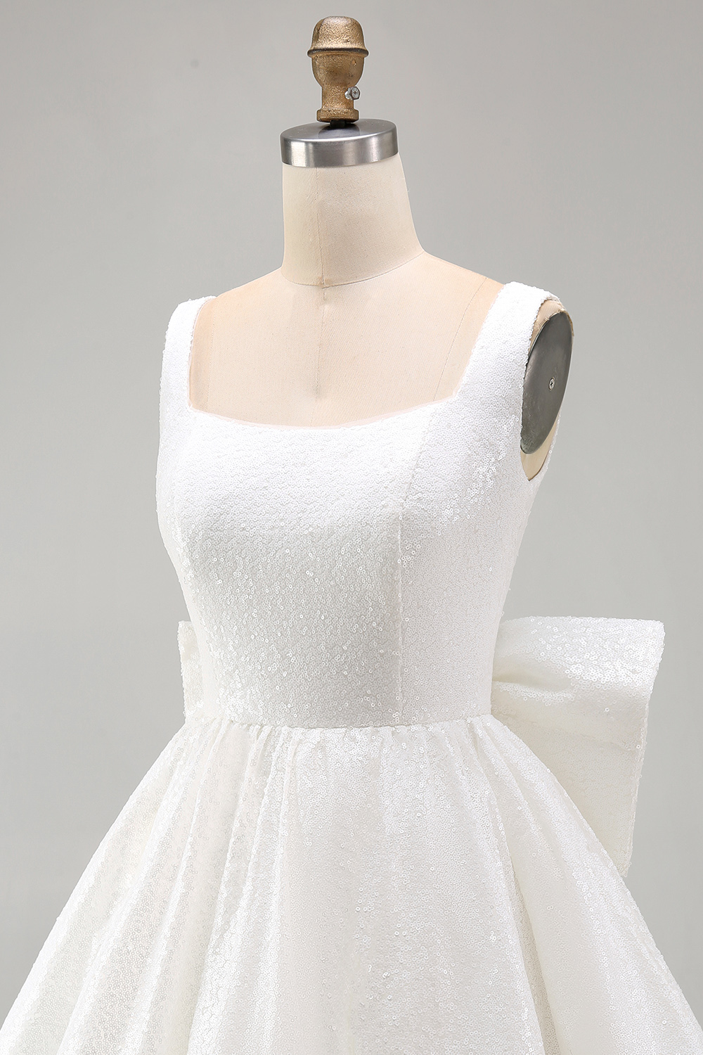 Sparkly Ivory A Line Square Neck Sequin Little White Dress with Bow