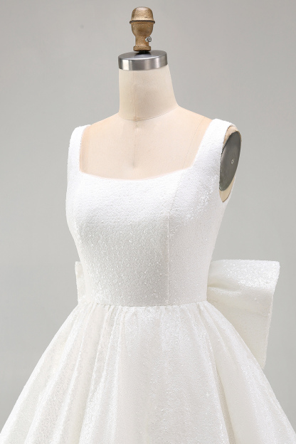 Sparkly Ivory A Line Square Neck Sequin Little White Dress with Bow