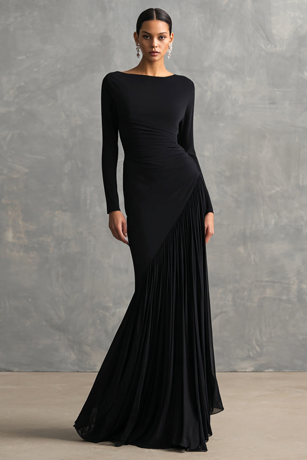 Black Boat Neck Mermaid Maxi Formal Dress with Sleeves