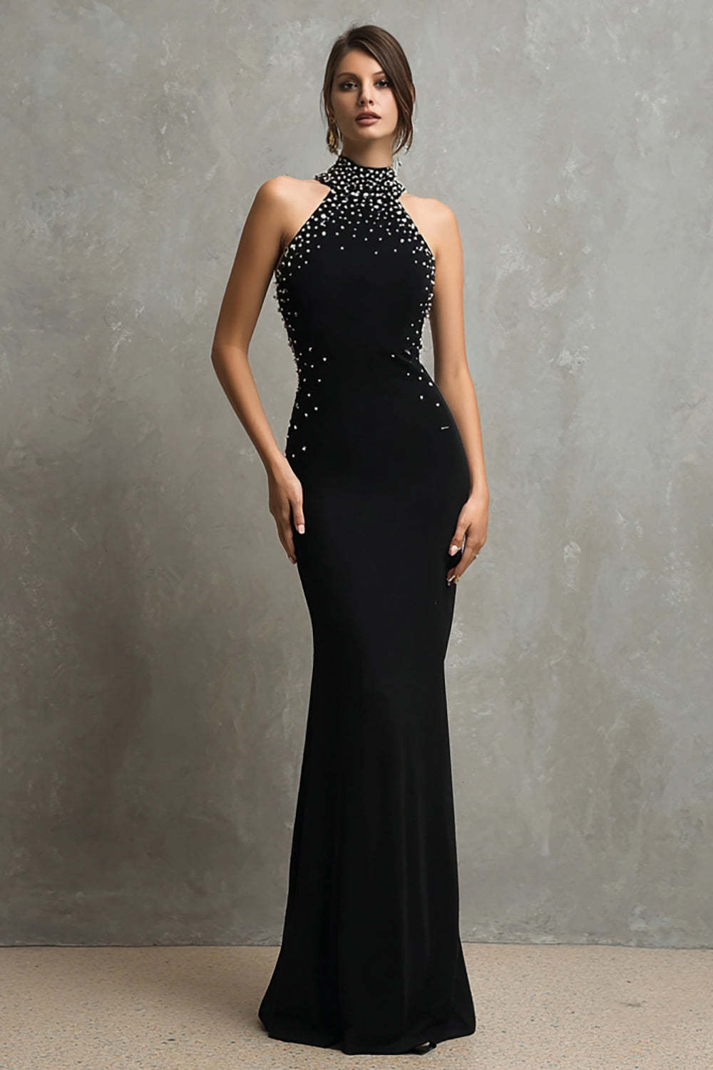 Leely Women Sparkly Black Maxi Formal Dress with Beading Halter Mermaid Black Tie Dress