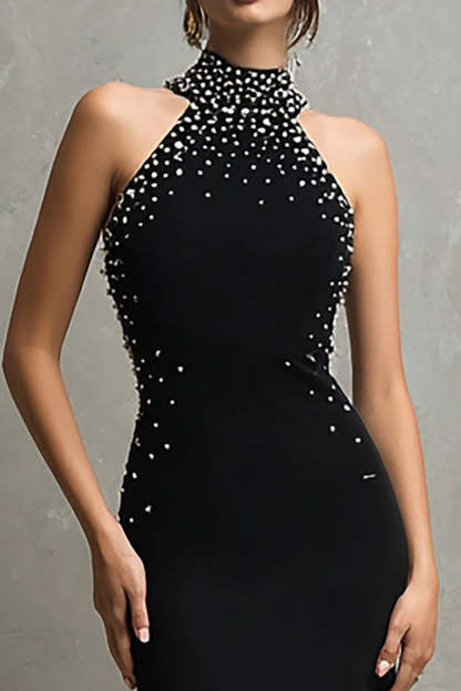 Sparkly Black Halter Mermaid Maxi Formal Dress with Beading