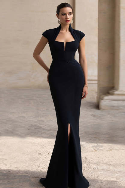 Leely Women Black Long Mermaid Formal Dress with Slit Square Neck Cap Sleeves Black Tie Dress